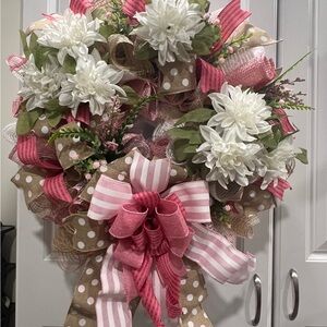 Pink and White Floral Wreath with Polka Dot Accents
